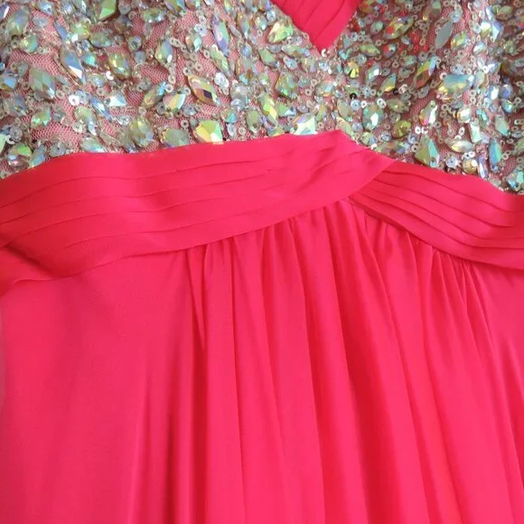 LA FEMME 18733 Beaded Bodice Chiffon Strapless Maxi Prom Dress Watermelon 4 NWT - Picture 6 of 15